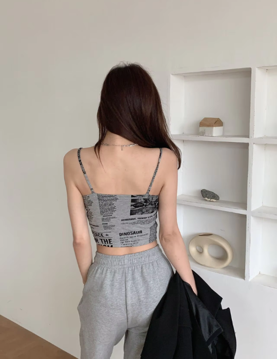 Trendy Newspaper Print Padded Camisole Top – Stylish and Comfortable for Women